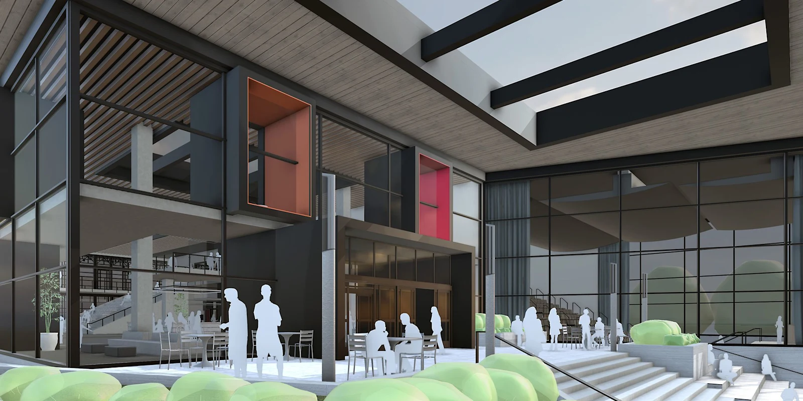Edifício de uso misto modelado no SketchUp, com pessoas e vegetação em silhueta