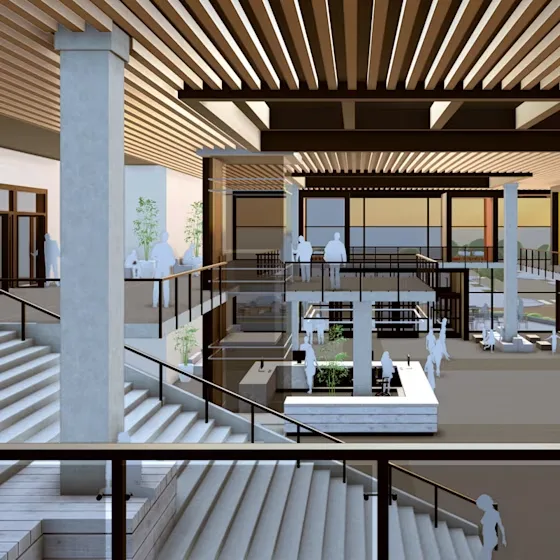 Modelo de arquitetura em desenvolvimento no SketchUp com materiais aplicados