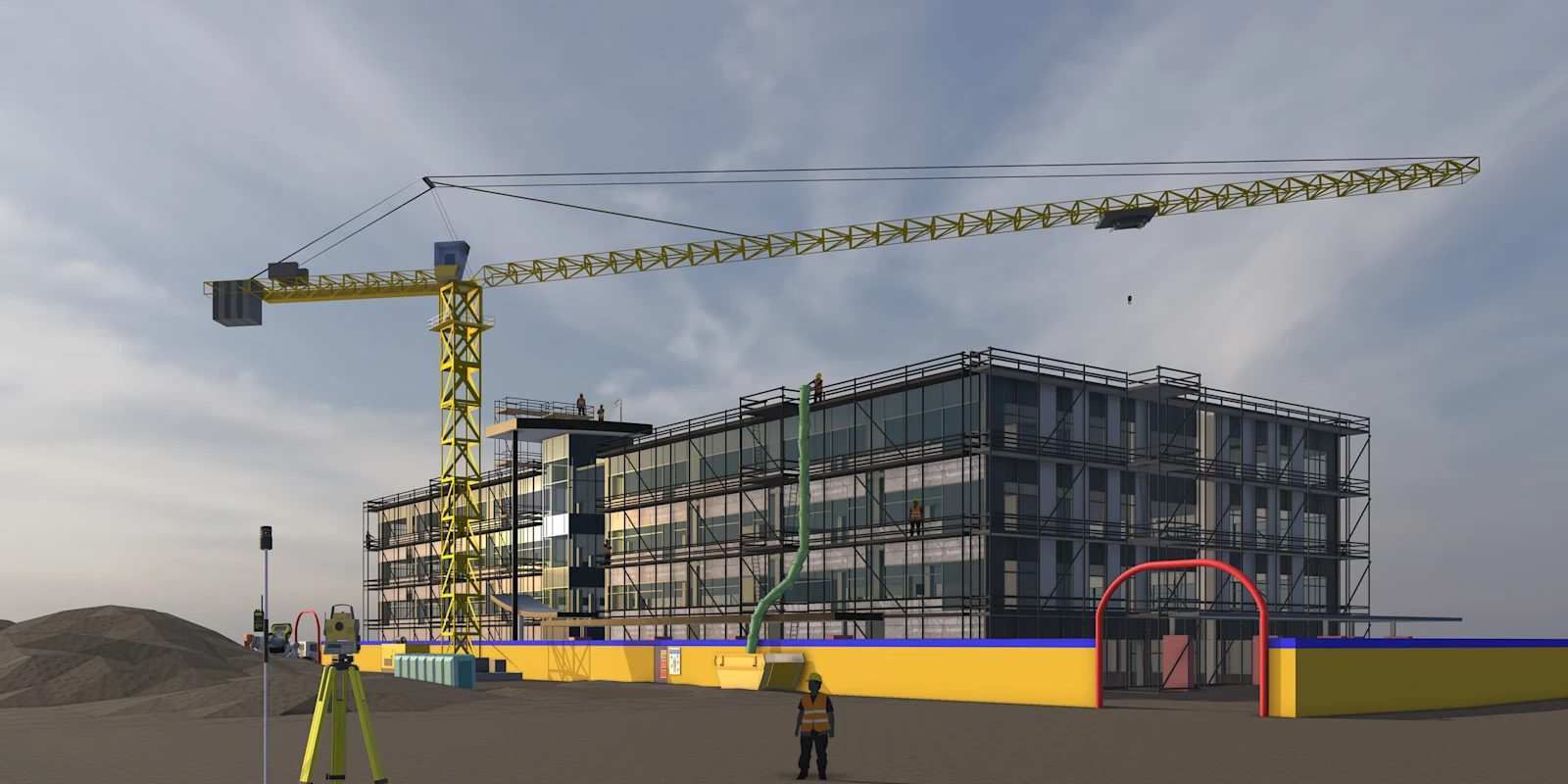 Canteiro de obras com grua e edifício em execução modelado no SketchUp