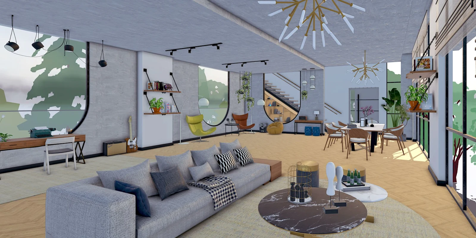 Sala de estar integrada modelada no SketchUp com mobiliário e iluminação