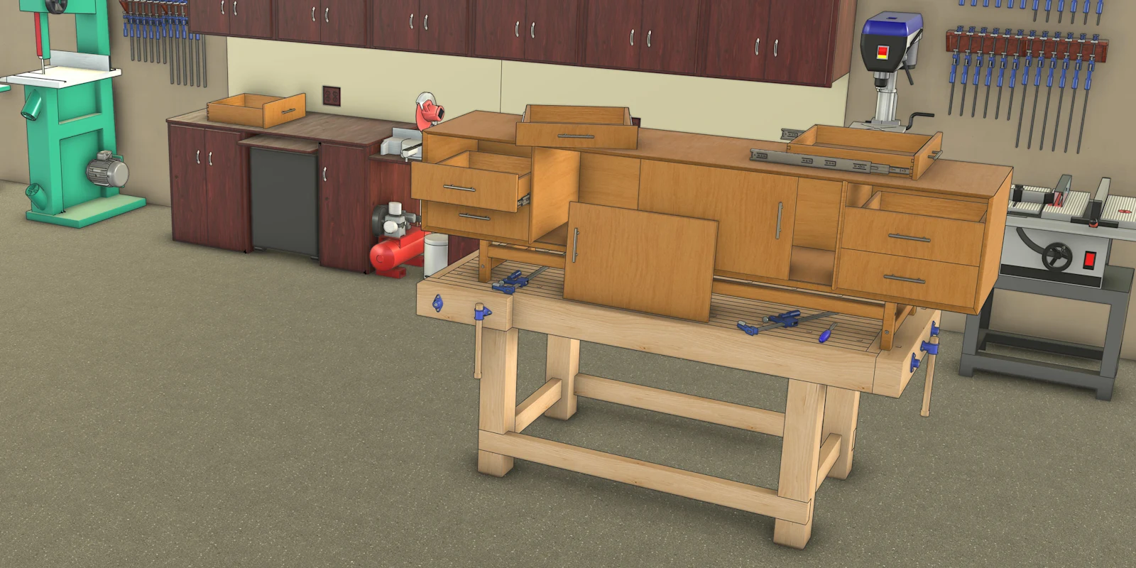 Oficina de marcenaria com bancada e móvel modelados no SketchUp