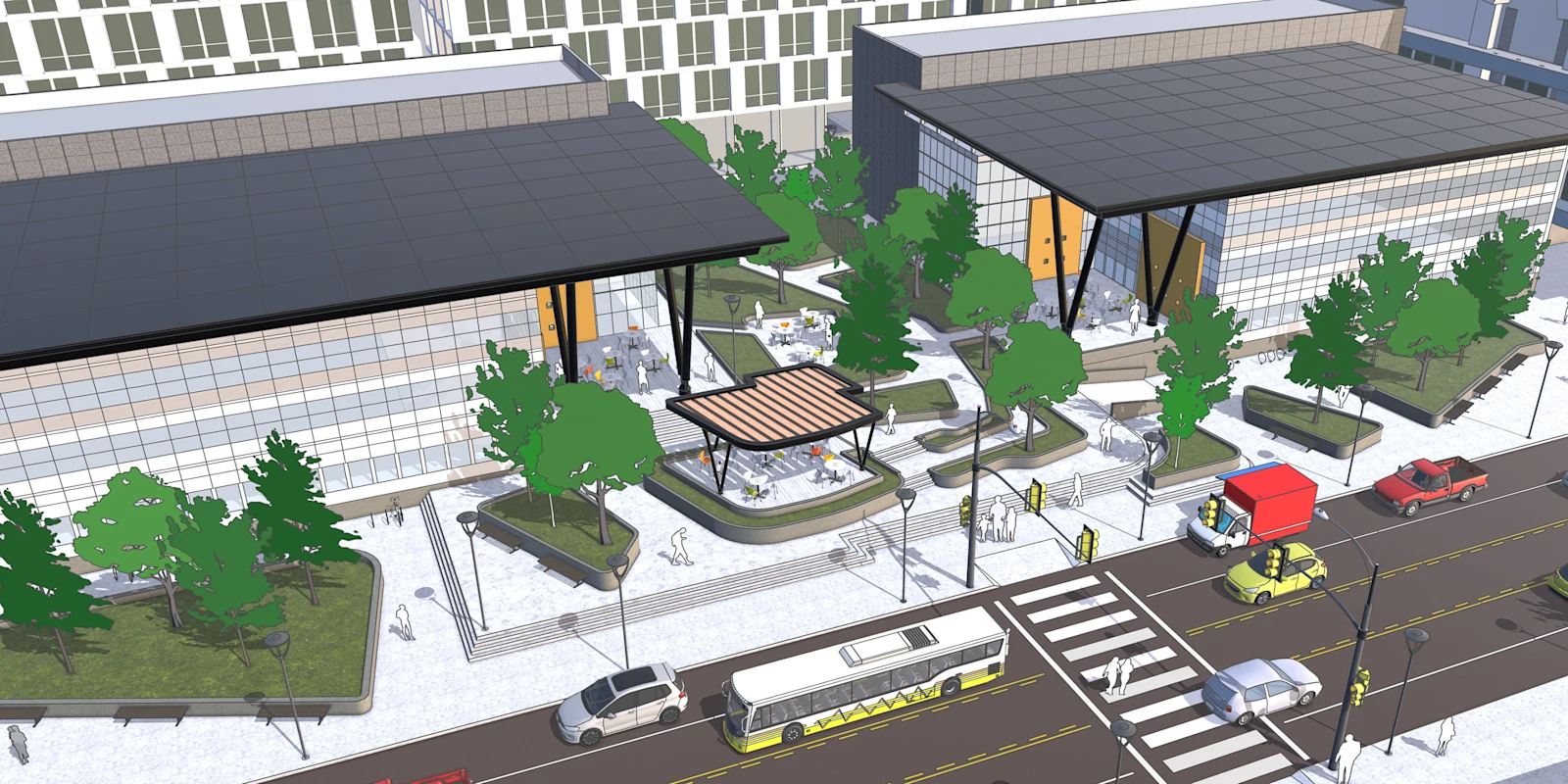 Projeto de paisagismo modelado no SketchUp com vegetação e caminhos
