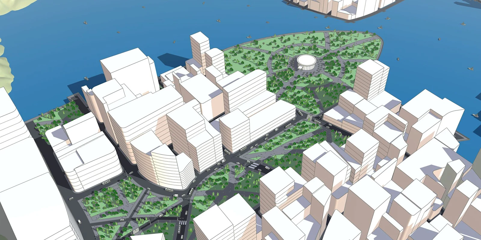 Quarteirão urbano modelado em massas 3D no SketchUp