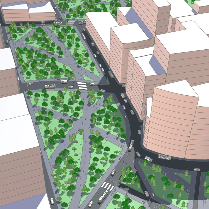 Modelo urbano com edifícios e vias detalhado no SketchUp